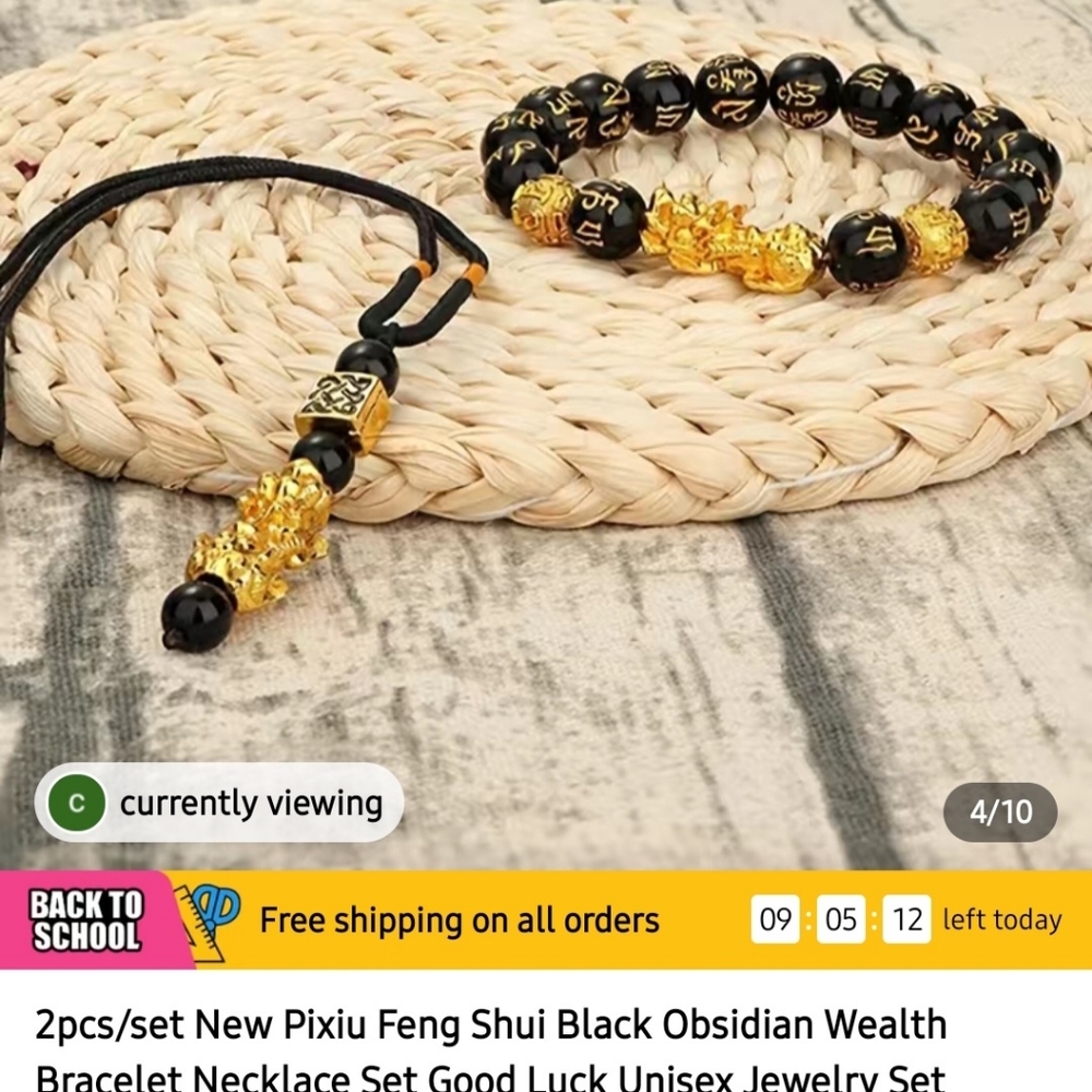 2pcs/ set BLACK OBSIDIAN WEALTH/GOOD LUCK BRACELET, NECKLACE SET